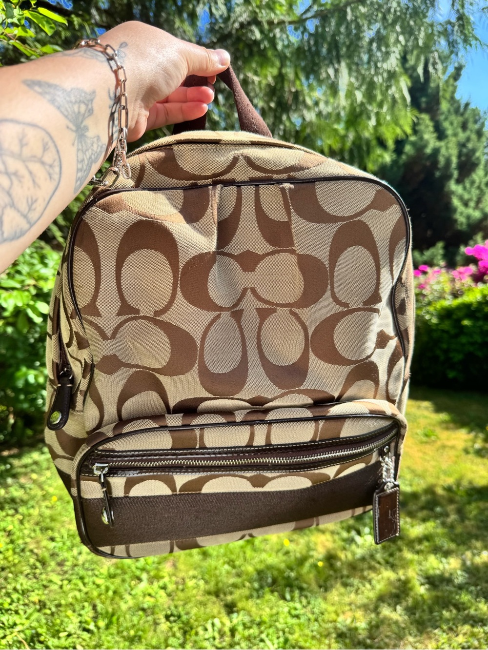 Coach Brown and Khaki Signature C Canvas and Patent Leather Backpack